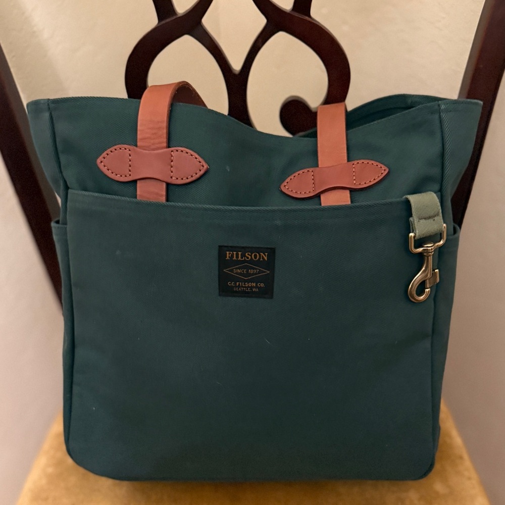 Filson Teal Tote with Tan Straps